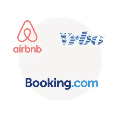Logotipos de Airbnb, Vrbo y Booking.com